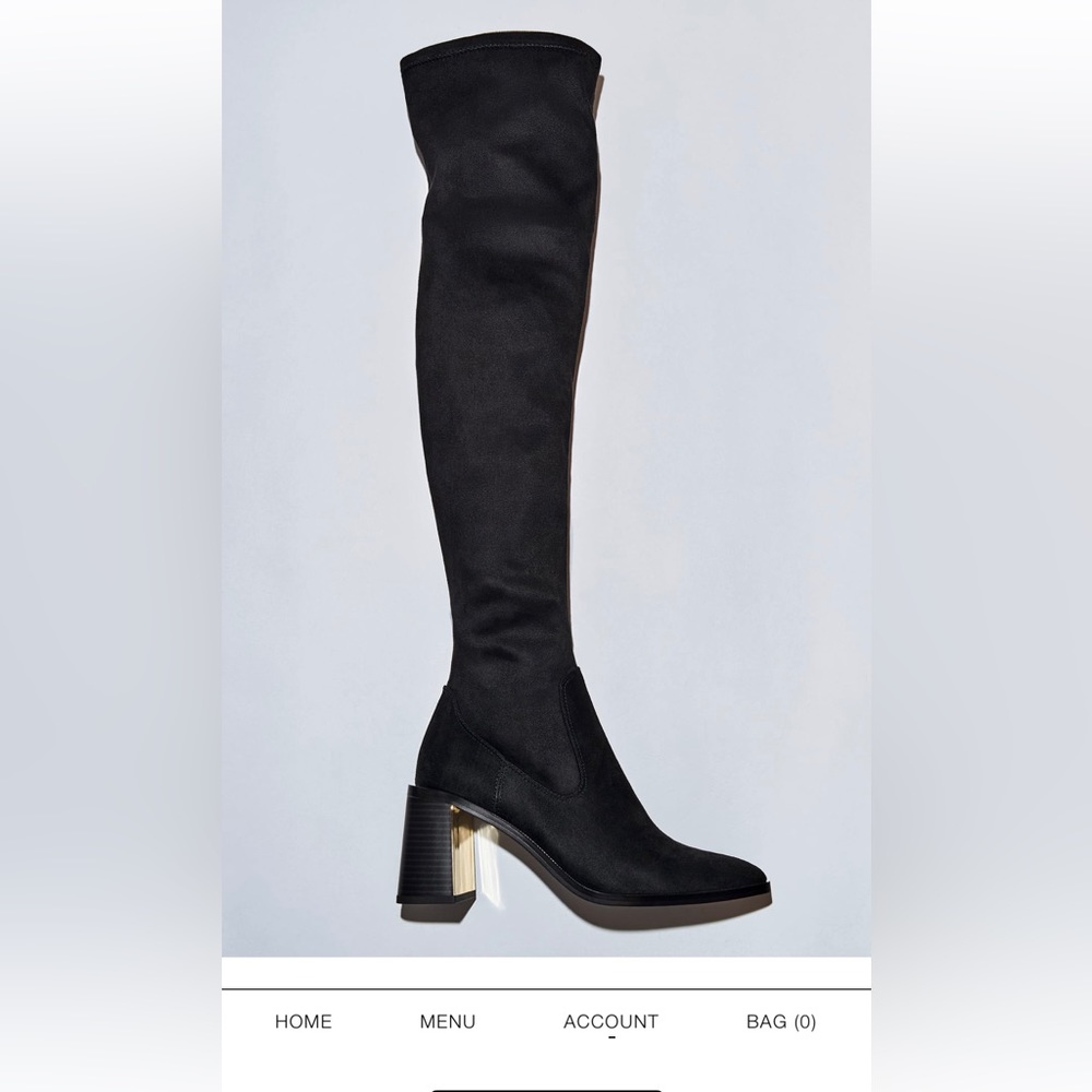 Zara Over The Knee Black Fabric Boots Block Heel with Gold Heel Accents Size 36